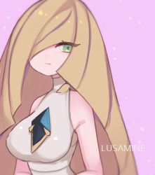 Rule 34 | 1girl, aliceyawnin, alternate breast size, bare shoulders, blonde hair, breasts, character name, closed mouth, creatures (company), dress, english text, female focus, game freak, green eyes, hair over one eye, large breasts, long hair, looking to the side, lowres, lusamine (pokemon), nintendo, pink background, pokemon, pokemon sm, shiny clothes, simple background, sleeveless, sleeveless dress, solo, swept bangs, turtleneck, turtleneck dress, upper body, white dress
