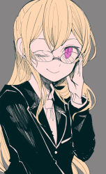 Rule 34 | 1girl, ;), adjusting eyewear, bang dream!, blonde hair, formal, glasses, grey background, hand up, itomugi-kun, long hair, long sleeves, looking at viewer, muted color, necktie, one eye closed, purple eyes, shirasagi chisato, simple background, slit pupils, smile, solo, spot color, suit, upper body