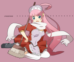 Rule 34 | 00s, 1girl, apron, blue eyes, braid, broom, character name, dress, hayato (meromoni), long hair, mop, nono (top wo nerae 2!), pink hair, red dress, scarf, simple background, sitting, solo, thighhighs, top wo nerae 2!, very long hair, white scarf, white thighhighs
