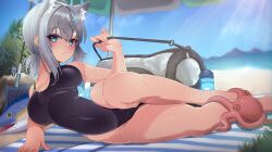 Rule 34 | 1girl, bad anatomy, bag, beach, blue archive, blue eyes, bottle, breasts, competition swimsuit, day, fish, grey hair, highleg, highleg swimsuit, highres, large breasts, looking at viewer, lying, octopus, on side, one-piece swimsuit, pussy, pussy peek, rock, sand, self-upload, sexually suggestive, shiroko (blue archive), shiroko (swimsuit) (blue archive), short hair, solo, sun, sunlight, swimsuit, umbrella, water, zenith1801, zenith (kvcr2325)