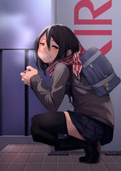 Rule 34 | 1girl, badge, bag, black footwear, black skirt, black thighhighs, blush, brown sweater, button badge, can, commentary request, from side, fu-ta, hair between eyes, half-closed eyes, holding, holding can, long sleeves, looking at viewer, nose blush, original, parted lips, pleated skirt, red scarf, scarf, school bag, skirt, snowman, solo, squatting, striped clothes, striped scarf, sweater, teeth, thighhighs, tile floor, tiles, zettai ryouiki