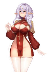 Rule 34 | 1girl, barbariank, blue eyes, blush, braid, breasts, brown capelet, capelet, cleavage cutout, clothing cutout, commentary, covered erect nipples, cowboy shot, dot mouth, dress, ear covers, elf, grey hair, groin, hair between eyes, hair over shoulder, half-closed eyes, highres, large breasts, long hair, long pointy ears, long sleeves, looking at viewer, no panties, original, pelvic curtain, pointy ears, puffy long sleeves, puffy sleeves, red dress, short dress, simple background, single braid, solo, symbol-only commentary, tareme, thighhighs, white background, white thighhighs