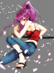 Rule 34 | 1girl, breasts, brown eyes, camisole, cherry blossoms, commentary, denim, english commentary, fighting stance, grey background, hair intakes, hair ribbon, high heels, high ponytail, jeans, large breasts, midriff, navel, ootachi, pants, petals, purple hair, rabittofaa, ribbon, sandals, scabbard, sheath, sheathed, sideboob, smile, solo, spaghetti strap, stomach, toes, under night in-birth, yuzuriha (under night in-birth)