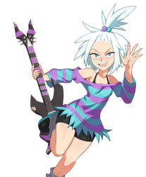 Rule 34 | 1girl, armpits, barleyshake, bass guitar, bike shorts, blue eyes, boots, bra strap, commission, creatures (company), dress, forehead, freckles, game freak, guitar, hair bobbles, hair ornament, highres, instrument, jumping, looking at viewer, nintendo, open mouth, pokemon, pokemon bw2, roxie (pokemon), sharp teeth, short hair, smile, strapless, strapless dress, striped clothes, striped dress, teeth, thighs, topknot, waving, white background, white hair