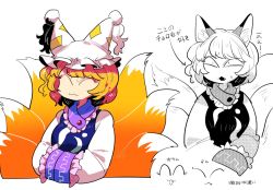 Rule 34 | 1girl, :&lt;, :3, animal ears, animal hat, blonde hair, closed eyes, fang, fox ears, fox tail, furukawa (yomawari), greyscale, hands in opposite sleeves, hat, mob cap, monochrome, multiple tails, multiple views, no nose, open mouth, partially colored, mob cap, short hair, sleeves past wrists, tail, touhou, translation request, upper body, white background, yakumo ran