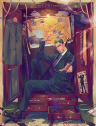 Rule 34 | 1boy, cigar, closed mouth, coat, commentary, formal, green hair, highres, long sleeves, looking at viewer, male focus, mature male, muscular, muscular male, necktie, original, pants, shirt, shoes, short hair, smile, smoke, smoking, solo, suit, ueno kishi