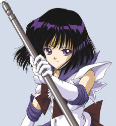 Rule 34 | 1990s (style), 1girl, bishoujo senshi sailor moon, black hair, blue background, bow, brooch, brown bow, elbow gloves, expressionless, female focus, glaive (polearm), gloves, hino ryutaro, jewelry, looking at viewer, magical girl, polearm, purple eyes, retro artstyle, sailor collar, sailor saturn, sailor senshi uniform, short hair, silence glaive, simple background, solo, staff, star brooch, tiara, tomoe hotaru, upper body, weapon, white gloves