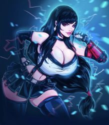 Rule 34 | 1girl, black gloves, black hair, black skirt, black thighhighs, breasts, cleavage, covered erect nipples, crop top, earrings, elbow gloves, eyelashes, female focus, final fantasy, final fantasy vii, final fantasy vii remake, fingerless gloves, gloves, highres, huge breasts, jewelry, leaning forward, lips, long hair, low-tied long hair, martin stvartak, midriff, miniskirt, navel, nose, red eyes, shiny clothes, skirt, smile, solo, square enix, standing, stomach, suspender skirt, suspenders, tank top, the art of mathew, thighhighs, thighs, tifa lockhart, undershirt, vambraces, very long hair, weapon, white tank top