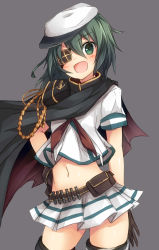 Rule 34 | &gt;:d, 10s, 1girl, :d, absurdres, cape, crop top, crop top overhang, eyepatch, gloves, green hair, hat, highres, kantai collection, kiso (kancolle), kiso kai ni (kancolle), metindone, midriff, navel, open mouth, school uniform, serafuku, shiny skin, short hair, smile, solo, v-shaped eyebrows