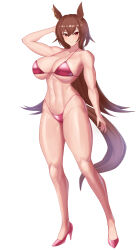 Rule 34 | 1girl, abs, absurdres, alternate costume, animal ears, bare shoulders, bikini, breasts, brown hair, cleavage, closed mouth, commentary request, commission, ear ornament, full body, hair between eyes, hatch (hatch24601), high heels, highres, horse ears, horse girl, horse tail, large breasts, long hair, looking at viewer, muscular, muscular female, navel, red bikini, red eyes, red footwear, sirius symboli (umamusume), smile, solo, swimsuit, tail, umamusume, v-shaped eyebrows, very long hair