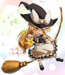 Rule 34 | 1girl, apron, bad id, bad pixiv id, braid, broom, buttons, chibi, female focus, hair ribbon, hat, hat ribbon, highres, im (badmasa), kirisame marisa, long hair, looking at viewer, magic, mary janes, open mouth, orange eyes, outstretched hand, ribbon, shoes, side braid, skirt, skirt set, smile, socks, solo, star (symbol), touhou, waist apron, witch, witch hat, yellow eyes