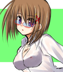 Rule 34 | 00s, 1girl, bespectacled, blush, breasts, covered erect nipples, glasses, hair ornament, lask, lyrical nanoha, mahou shoujo lyrical nanoha, mahou shoujo lyrical nanoha strikers, medium breasts, nipples, see-through, solo, x hair ornament, yagami hayate