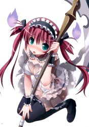 Rule 34 | 1girl, :o, absurdres, airi (queen&#039;s blade), airi (queen's blade), airi (the infernal temptress), aqua eyes, bandages, bare shoulders, black dress, black thighhighs, blush, bow, bow panties, bra, breasts, cleavage, detached collar, dissolving clothes, dress, embarrassed, frilled dress, frills, ghost, hair between eyes, hair ribbon, high heels, highres, kneeling, large breasts, light particles, long hair, looking at viewer, maid, maid headdress, nose blush, off shoulder, open mouth, over shoulder, page number, panties, pleated dress, quad tails, queen&#039;s blade, red hair, ribbon, scan, scythe, see-through, shoes, short dress, short sleeves, simple background, sweat, thigh gap, thighhighs, tsurugi hagane, twintails, underwear, underwear only, very long hair, weapon, weapon over shoulder, white background, white bra, white panties, wrist cuffs