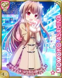 Rule 34 | 1girl, asahina momoko, bow, brown hair, card (medium), character name, coat, dress, girlfriend (kari), hair bow, hair ribbon, ice sculpture, mittens, night, official art, one side up, open mouth, outdoors, pink dress, qp:flapper, red eyes, ribbon, side ponytail, skirt, smile, snow, snowing, solo, white bow, winter clothes, winter coat