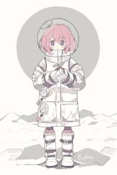 Rule 34 | 1girl, artist name, astronaut, belt, belt boots, blush, boots, buttons, circle, commentary, english commentary, english text, gloves, grey theme, hair between eyes, helmet, highres, holding, holding plant, looking at object, looking down, melanbread, original, pink hair, plant, purple eyes, rock, short hair, signature, solo, space helmet, spacesuit, straight-on, white footwear, white gloves