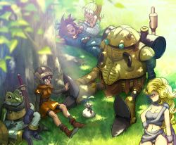 Rule 34 | 1other, 2boys, 3girls, ayla (chrono trigger), bare shoulders, belt, black cape, blonde hair, blue eyes, blurry foreground, bracer, breasts, brown footwear, cape, chrono trigger, cleavage, crono (chrono trigger), dappled sunlight, closed eyes, frog, frog (chrono trigger), glasses, grass, helmet, jungle girl, long hair, long sleeves, lucca ashtear, lying, marle (chrono trigger), medium breasts, midriff, multiple boys, multiple girls, on back, open mouth, outdoors, pants, ponytail, red hair, robo (chrono trigger), robot, sapling, sheath, sheathed, shield, short hair, sitting, smile, spiked hair, standing, sunlight, sword, tree, user fuyz3388, very long hair, wavy hair, weapon
