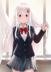 Rule 34 | 1girl, absurdres, alternate costume, arm behind back, backlighting, black jacket, bow, bowtie, breasts, butterfly hair ornament, collared shirt, colored eyelashes, commentary request, curtains, dress shirt, echidna (re:zero), grey skirt, hair between eyes, hair ornament, hand up, highres, holding, holding hair, indoors, jacket, kim nag-seo, long hair, long sleeves, looking at viewer, pleated skirt, re:zero kara hajimeru isekai seikatsu, red bow, red bowtie, shirt, silver hair, skirt, smile, solo, white shirt, window