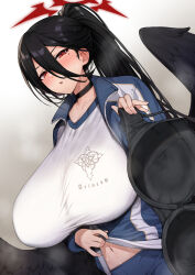 Rule 34 | 1girl, black hair, blue archive, blush, bra, breasts, clothes lift, disgust, embarrassed, hasumi (blue archive), hasumi (track) (blue archive), highres, holding, holding bra, holding clothes, holding underwear, huge breasts, jacket, looking at viewer, navel, red hair, shirt, shirt lift, solo, track jacket, try (lsc), underwear, unworn bra, white shirt