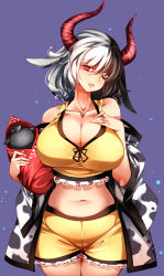 Rule 34 | 1girl, absurdres, animal ears, animal print, bare arms, bare shoulders, black hair, breasts, cleavage, collarbone, cow ears, cow girl, cow horns, cow print, cowboy shot, curvy, eyelashes, frill trim, frilled shorts, frills, grey hair, hand on own chest, haori, highres, horns, japanese clothes, large breasts, lips, looking at viewer, midriff, mole, mole under eye, multicolored hair, navel, one eye closed, purple background, raptor7, red eyes, shorts, simple background, skindentation, smile, solo, split-color hair, statue, tank top, touhou, two-tone hair, ushizaki urumi, yellow shorts