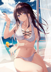 Rule 34 | 1girl, bangle, bare arms, bare shoulders, beach, bikini, black hair, blush, bracelet, breasts, cleavage, cloud, collarbone, cup, curtain grab, curtains, day, drinking glass, drinking straw, earrings, frilled bikini, frills, groin, halterneck, highres, holding, hurricane glass, jewelry, long hair, looking at viewer, medium breasts, multi-strapped bikini, navel, necomi, ocean, original, parted lips, purple eyes, sidelocks, sitting, sky, solo, stomach, string bikini, swimsuit, thighs, tropical drink, white bikini