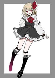 Rule 34 | 1girl, absurdres, adapted costume, belt, belt buckle, black dress, black footwear, black socks, black nails, blonde hair, buckle, commentary request, daimaou ruaeru, dress, frilled dress, frilled ribbon, frilled sleeves, frills, full body, hair ribbon, head tilt, highres, kneehighs, long sleeves, looking at viewer, nail polish, neck ribbon, open mouth, puffy long sleeves, puffy sleeves, red eyes, red ribbon, ribbon, rumia, shirt, sketch, sleeves past wrists, smile, socks, solo, standing, touhou, white shirt