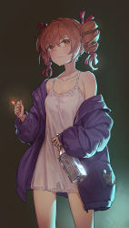 Rule 34 | 1girl, alcohol, bare shoulders, blush, bottle, breasts, brown eyes, brown hair, cigarette, collarbone, commentary request, cowboy shot, dress, drill hair, hair between eyes, hair ribbon, highres, holding, holding cigarette, jacket, jewelry, long sleeves, looking at viewer, off shoulder, open clothes, open jacket, red ribbon, ribbon, ring, short dress, sleeveless, sleeveless dress, small breasts, smoking, solo, spaghetti strap, standing, touhou, twintails, white dress, yamamomo (plank), yorigami jo&#039;on