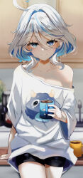 Rule 34 | 1girl, absurdres, ahoge, alternate costume, bimmy, blubberbeast (genshin impact), blue eyes, blue hair, blurry, blurry background, cup, furina (genshin impact), genshin impact, hair between eyes, heterochromia, highres, holding, holding cup, light blue hair, looking at viewer, multicolored hair, shirt, short hair, smile, solo, streaked hair, white hair, white shirt