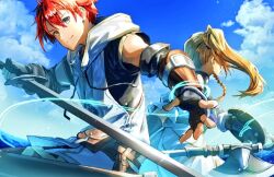 Rule 34 | 1boy, 1girl, adol christin, axe, back-to-back, battle axe, buckle, falcom, fingerless gloves, gloves, grey eyes, holding, holding axe, holding sword, holding weapon, hood, hoodie, hwhh, karja balta, looking at viewer, red hair, sword, twintails, weapon, ys, ys x nordics