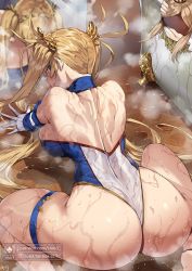 Rule 34 | 1girl, all fours, artist name, ass, backboob, bare shoulders, bent over, blonde hair, blue leotard, blush, bradamante (fate), breasts, club3, fate/grand order, fate (series), from behind, gloves, hair ornament, hanging breasts, huge ass, large breasts, leotard, looking at viewer, looking back, mirror, smile, sweat, nervous sweating, thigh strap, twintails, viy (fate), water drop, wet, white gloves