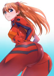 Rule 34 | 1girl, ass, blue eyes, blush, bodysuit, breasts, from behind, from below, frown, hands on own hips, highres, huge ass, long hair, looking at viewer, looking back, medium breasts, neon genesis evangelion, onsen mikan, orange hair, plugsuit, red bodysuit, shiny skin, skin tight, solo, souryuu asuka langley, twintails