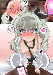 Rule 34 | 1boy, 1girl, :&gt;, :o, ?, absurdres, anchovy (girls und panzer), anzio school uniform, arm support, artist request, ass, bed, blush, breasts, clothed sex, cowgirl position, faceless, faceless male, girl on top, girls und panzer, glowing, glowing eyes, happy sex, heart, heart-shaped pupils, hetero, highres, holding, holding phone, hypnosis, lips, long hair, looking at another, looking at viewer, medium breasts, mind control, no bra, on bed, open clothes, open shirt, penis, phone, plaid, plaid skirt, pussy, red eyes, school uniform, sitting, sitting on person, skirt, small breasts, smile, straddling, surprised, sweat, sweatdrop, symbol-shaped pupils, twintails, undressing, very long hair