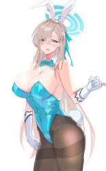 Rule 34 | 0.7 (aysatnegr), animal ears, asuna (blue archive), asuna (bunny) (blue archive), bare shoulders, black pantyhose, blue archive, blue eyes, blue leotard, bow, bowtie, breasts, cleavage, collar, elbow gloves, fake animal ears, gloves, grey hair, halo, highres, large breasts, leotard, looking at viewer, mole, mole on breast, pantyhose, playboy bunny, rabbit ears, skindentation, thick thighs, thighs, tongue, tongue out, traditional bowtie, white gloves