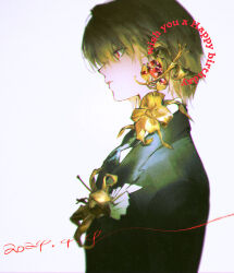 Rule 34 | 1boy, black jacket, black necktie, black suit, blonde hair, collared jacket, expressionless, flower, formal, from side, happy birthday, huangdanlan, hunter x hunter, jacket, jewelry, kurapika, looking ahead, male focus, medium hair, necktie, parted lips, red eyes, shadow, shirt, simple background, solo, suit, white shirt, yellow flower