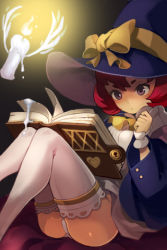 Rule 34 | 1girl, book, candle, dalraeya, hat, jairou, long sleeves, lowres, panties, purple eyes, reading witch, red eyes, red hair, short hair, solo, sword girls, thighhighs, underwear, wax, white panties, white thighhighs, wings, witch, witch hat