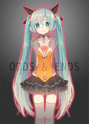 Rule 34 | 1girl, aqua eyes, aqua hair, copyright name, fingerless gloves, gloves, hatsune miku, head tilt, heart, heart hands, io (sinking=carousel), long hair, odds &amp; ends (vocaloid), project diva (series), project diva f, smile, solo, thighhighs, twintails, very long hair, vocaloid, you (roka)