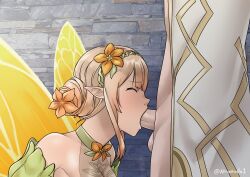 Rule 34 | 1boy, 1girl, atramada, bare shoulders, blonde hair, closed eyes, drill hair, facing to the side, fairy wings, fellatio, fire emblem, fire emblem heroes, hairband, kiran (fire emblem), kiran (male) (fire emblem), nintendo, oral, penis, peony (fire emblem), pointy ears, twin drills, wings