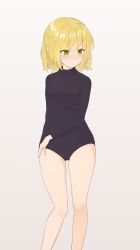 Rule 34 | 1girl, arm behind back, black leotard, blonde hair, blush, closed mouth, commentary request, feet out of frame, fingernails, green eyes, heattech leotard, highres, kanpa (campagne 9), legs, leotard, long sleeves, mizuhashi parsee, pointy ears, short hair, simple background, solo, standing, thighs, touhou, turtleneck
