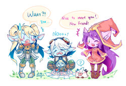Rule 34 | 3girls, armor, bad id, bad pixiv id, blue skin, colored skin, english text, iei, league of legends, long hair, lulu (league of legends), multiple girls, one eye closed, photo (object), pointy ears, poppy (league of legends), poro (league of legends), short hair, sueyen, tears, tristana, twintails, very long hair, white hair, yordle
