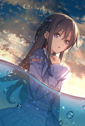 Rule 34 | 1girl, 22/7, bow, braid, braided hair rings, brown hair, cloud, cloudy sky, collared dress, detached sleeves, dress, dutch angle, expressionless, frilled dress, frills, hair between eyes, hair bow, hair rings, long hair, long sleeves, looking at viewer, nagareboshi, parted lips, partially submerged, plaid, plaid dress, pleated dress, puffy sleeves, purple bow, purple dress, purple eyes, sidelocks, sky, solo, standing, tachikawa ayaka, very long hair, water, wet, wet hair