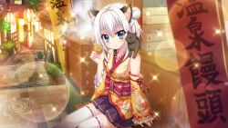 Rule 34 | 1girl, alley, animal, animal ears, animal on shoulder, architecture, banner, bare shoulders, black cat, black skirt, blue eyes, cat, cat ears, cat on shoulder, closed mouth, detached sleeves, dot nose, east asian architecture, film grain, floral print, game cg, grate, hair bun, holding, izumi tsubasu, japanese clothes, kimono, lantern, lens flare, looking at viewer, manhole cover, nishidate haku, non-web source, obi, official art, on bench, outdoors, paper lantern, plant, potted plant, print kimono, re:stage!, red sash, sash, sidelocks, single side bun, sitting, skirt, smile, solo, sparkle, stone walkway, thighhighs, white hair, white thighhighs, yellow kimono, zettai ryouiki