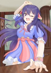 Rule 34 | 1girl, absurdres, blue dress, candle, card, ceiling, clanel de wargham, dress, frilled dress, frills, gold, hair ornament, hand on table, happy, highres, holding, holding card, long hair, non-web source, original, pink eyes, playing card, purple hair, red ribbon, reflection, ribbon, table, wooden wall