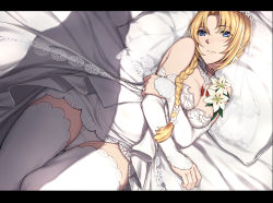 Rule 34 | 1girl, bare shoulders, bed, bed sheet, blonde hair, blue eyes, blush, braid, breast hold, breasts, bridal veil, choker, cleavage, closed mouth, commentary request, detached collar, detached sleeves, dress, flower, flower wreath, from above, hair flower, hair intakes, hair ornament, hair over shoulder, jewelry, legs together, letterboxed, lily (flower), long hair, looking at viewer, lying, medium breasts, mirage koas, nagioka, on back, on bed, panties, pillow, single braid, solo, star ocean, star ocean anamnesis, thigh gap, thighhighs, thighs, underwear, veil, wedding dress, white dress, white panties, white thighhighs