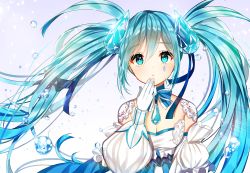 Rule 34 | 1girl, aqua eyes, aqua hair, bad id, bad pixiv id, blush, breasts, choker, cleavage, detached puffy sleeves, detached sleeves, facial mark, gambe, gem, gloves, hatsune miku, long hair, parted lips, puffy sleeves, small breasts, solo, sparkle, tears, twintails, vocaloid, water drop, white background, white gloves