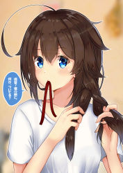 Rule 34 | 1girl, absurdres, ahoge, blue eyes, braid, brown hair, commentary request, hair flaps, hair ornament, hair over shoulder, highres, himura moritaka, holding, holding own hair, kantai collection, mouth hold, red ribbon, ribbon, shigure (kancolle), shigure kai ni (kancolle), shirt, single braid, solo, t-shirt, translation request, upper body, white shirt