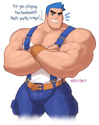 Rule 34 | 1boy, advance wars, bara, bare arms, bare shoulders, blue hair, bulge, cropped legs, denim, english text, f con, grin, highres, jeans, large pectorals, male focus, max (advance wars), muscular, muscular male, pants, pectoral cleavage, pectorals, short hair, sideburns, sidepec, smile, solo, suspenders, tank top, thick eyebrows, thick thighs, thighs, veins, white tank top