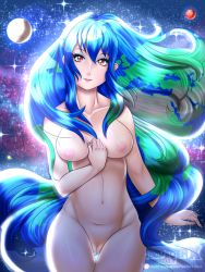 Rule 34 | 1girl, 2018, artist name, blue hair, breasts, censored, cleft of venus, deadphoenx!, earth-chan, eyeshadow, female focus, green hair, highres, lips, long hair, looking at viewer, makeup, medium breasts, mature female, mosaic censoring, multicolored hair, navel, nipples, nude, pointless censoring, pussy, red eyes, small nipples, smile, solo, space, standing, very long hair