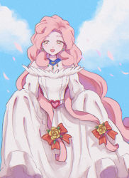 Rule 34 | 1girl, :d, back arrow, blue background, cloud, dress, earrings, fine forte, highres, iyo (despair), jewelry, jpeg artifacts, looking at viewer, open mouth, outdoors, pink hair, pink ribbon, ribbon, skirt hold, smile, solo, standing, white dress, yellow eyes