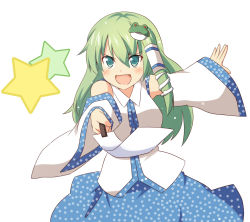 Rule 34 | 1girl, bad id, bad pixiv id, be (o-hoho), blush, blush stickers, detached sleeves, female focus, frog hair ornament, gohei, green eyes, green hair, hair ornament, hair tubes, kochiya sanae, light particles, long hair, looking at viewer, matching hair/eyes, oonusa, open hand, open mouth, outstretched arms, pov, simple background, skirt, snake, solo, star (symbol), teeth, touhou, vest, white background, wide sleeves