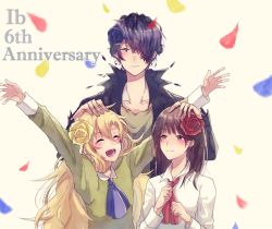 Rule 34 | 1boy, 2girls, :d, anniversary, arms up, black flower, blonde hair, blue neckwear, blush, brown hair, clenched hand, closed eyes, confetti, facing viewer, flower, garry (ib), hair flower, hair ornament, hair over one eye, hand on another&#039;s head, ib (ib), ib (kouri), light smile, long hair, mary (ib), medium hair, multiple girls, oga sleep, open mouth, red flower, red neckwear, smile, upper body, very long hair, white background, yellow flower