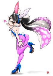 Rule 34 | 1girl, adapted costume, animal ears, ass, bare shoulders, black hair, blowing kiss, blue footwear, blue hairband, blue leotard, bow-shaped hair, breasts, callie (splatoon), detached collar, earrings, eyelashes, fake animal ears, gradient hair, hairband, hand up, heart, high heels, highres, inkling, jewelry, koharu2.5, leg up, leotard, long hair, mole, mole under eye, multicolored hair, nintendo, one eye closed, pantyhose, pink hair, pink pantyhose, pointy ears, rabbit ears, rabbit tail, red pupils, shoes, short eyebrows, small breasts, solo, splatoon (series), strapless, strapless leotard, suction cups, tail, tentacle hair, two-tone hair, very long hair, white wrist cuffs, wrist cuffs, yellow eyes